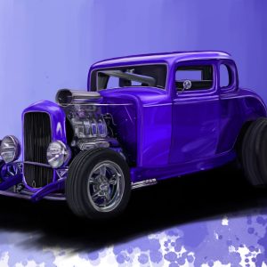 Purple 1932 Ford 5-window coupe street rod with exposed blower engine.