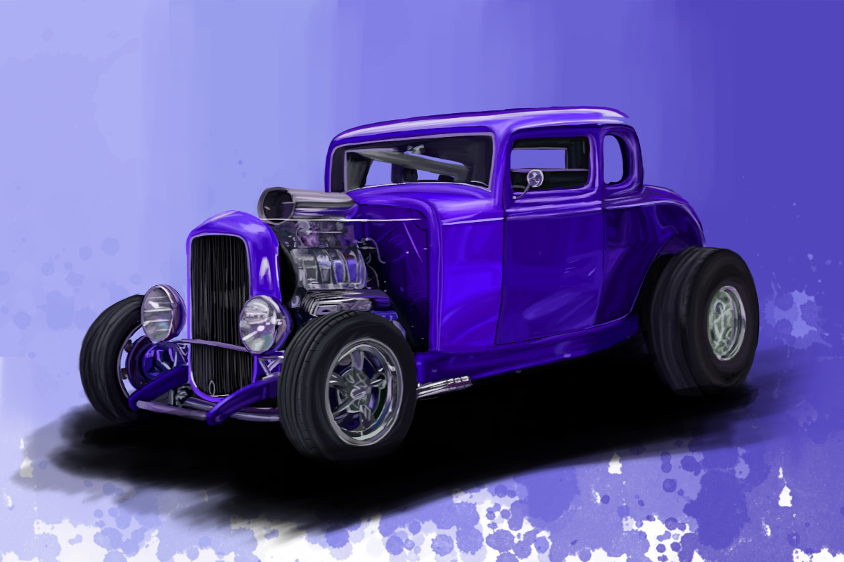 Purple 1932 Ford 5-window coupe street rod with exposed blower engine.