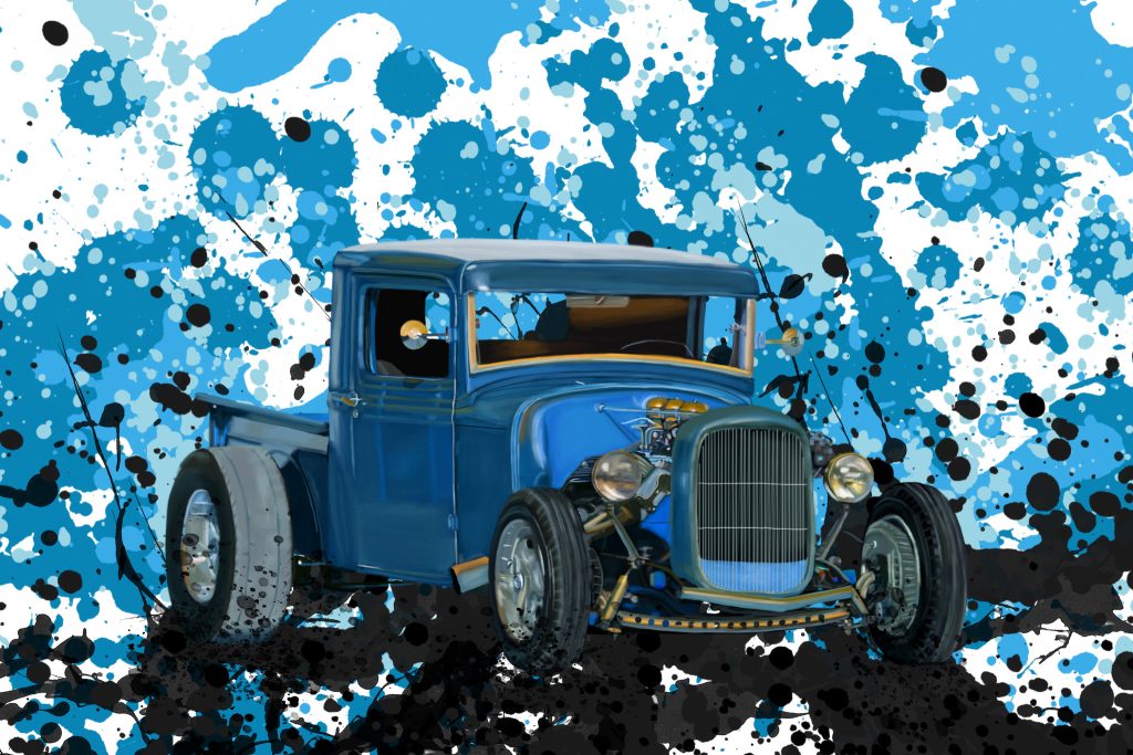 Blue 1934 Ford hot rod pickup truck on a blue and black paint splatter background.