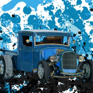 Blue 1934 Ford hot rod pickup truck on a blue and black paint splatter background.