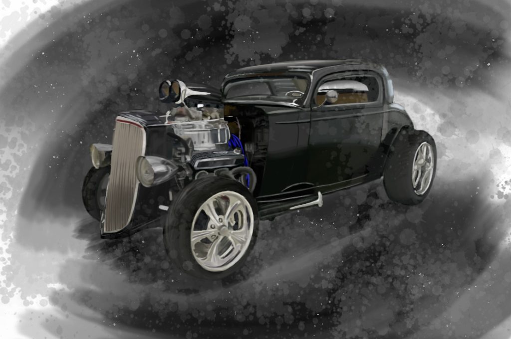 Black 1935 Chevrolet hot rod coupe with supercharged engine.
