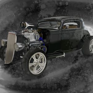 Black 1935 Chevrolet hot rod coupe with supercharged engine.