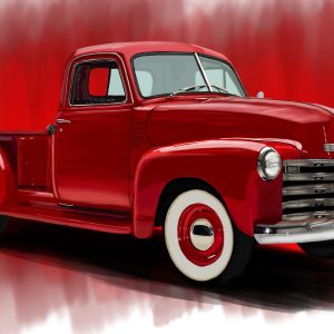 Red 1950 Chevrolet pickup truck with whitewall tires.