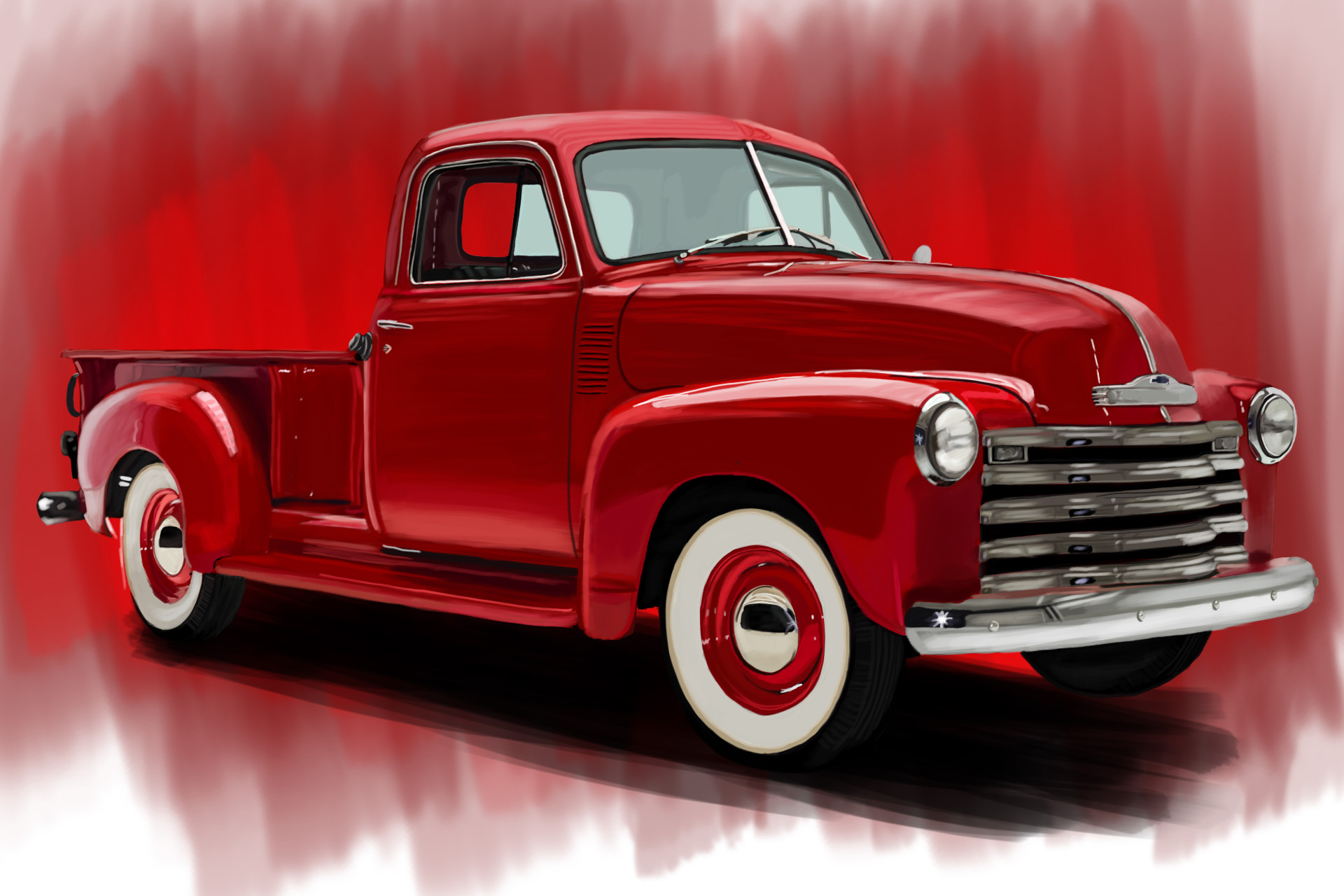 Red 1950 Chevrolet pickup truck with whitewall tires.
