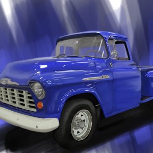 Blue 1956 Chevrolet 3600 pickup truck on a painted blue background.