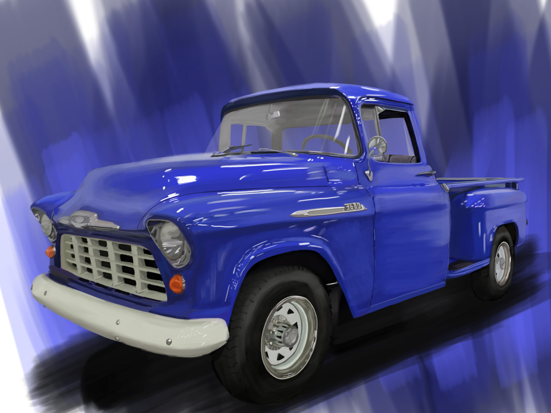 Blue 1956 Chevrolet 3600 pickup truck on a painted blue background.