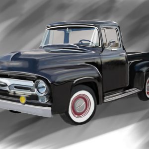 Black 1956 Ford F-100 pickup truck with whitewall tires.
