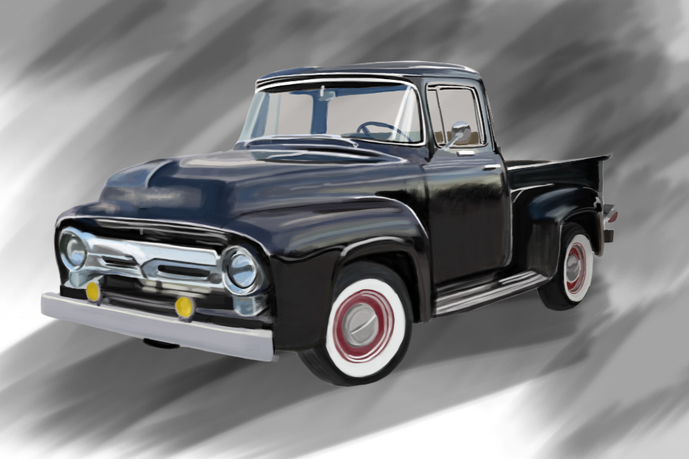 Black 1956 Ford F-100 pickup truck with whitewall tires.