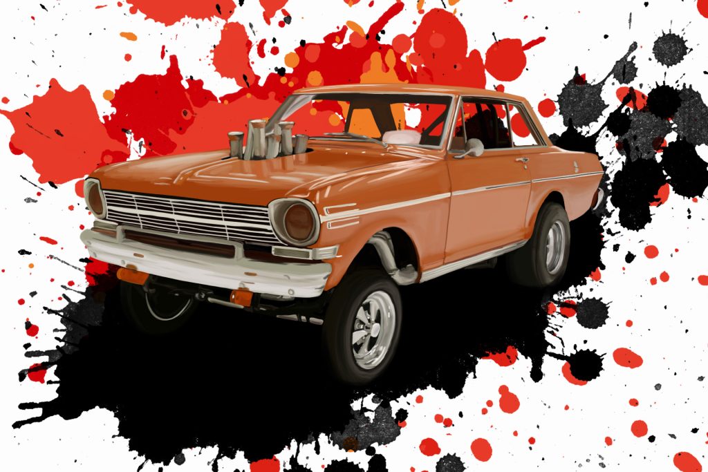 Orange 1962 Chevrolet Nova gasser drag car on a red and black splatter background.
