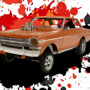 Orange 1962 Chevrolet Nova gasser drag car on a red and black splatter background.