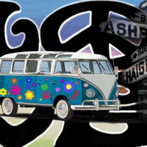 1964 Volkswagen bus with flower power decals at Haight and Ashbury.
