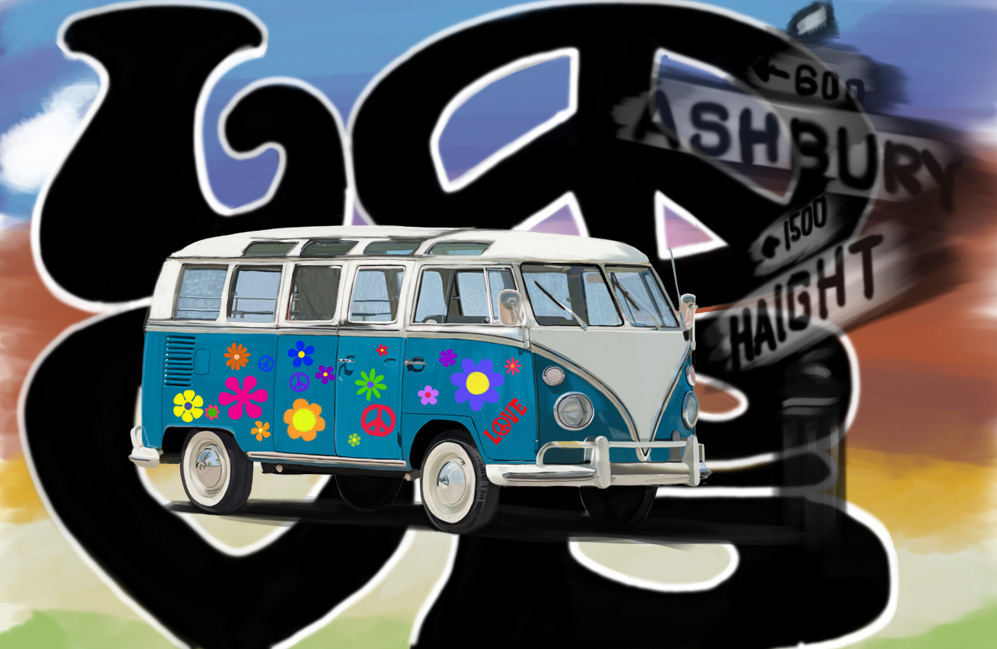 1964 Volkswagen bus with flower power decals at Haight and Ashbury.