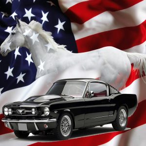 Black 1965 Ford Mustang fastback with a white horse and American flag.