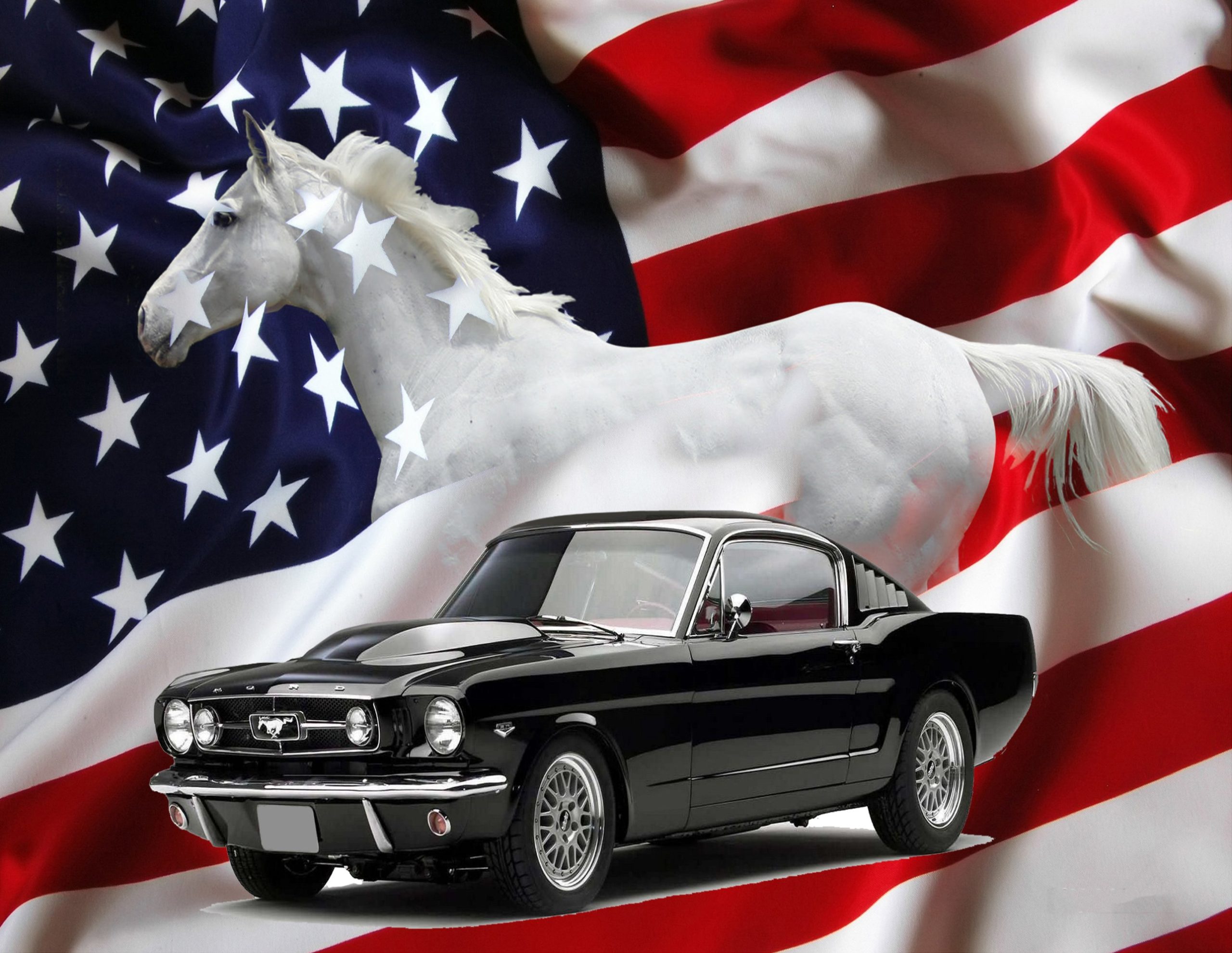 Black 1965 Ford Mustang fastback with a white horse and American flag.