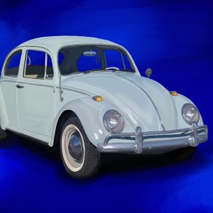 Pale blue 1965 Volkswagen Beetle on a deep blue background.
