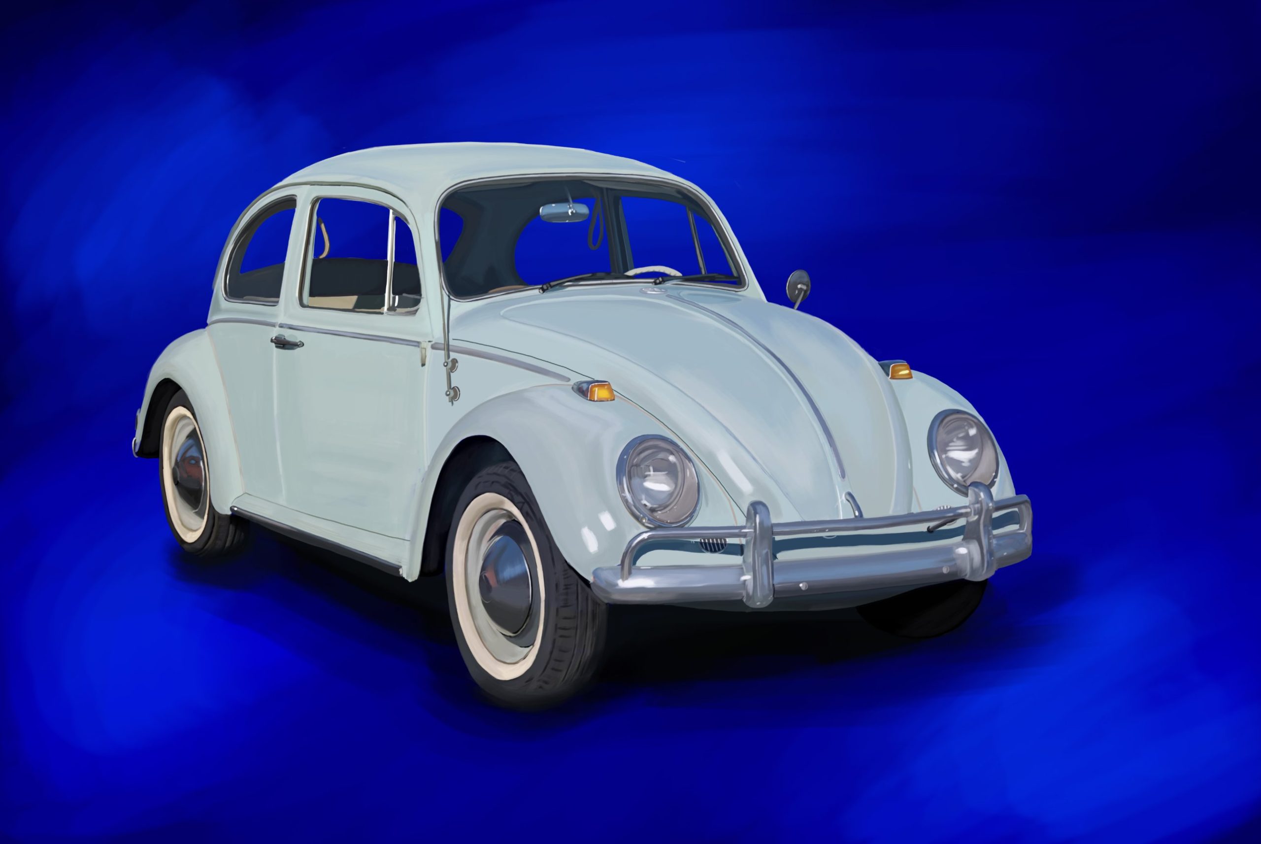 Pale blue 1965 Volkswagen Beetle on a deep blue background.
