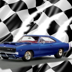 Blue 1968 Dodge Charger R/T muscle car on a checkered flag background.