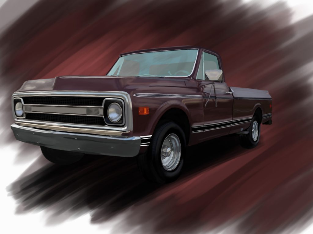 Maroon 1970 Chevrolet Fleetside pickup truck art print.