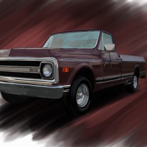 Maroon 1970 Chevrolet Fleetside pickup truck art print.