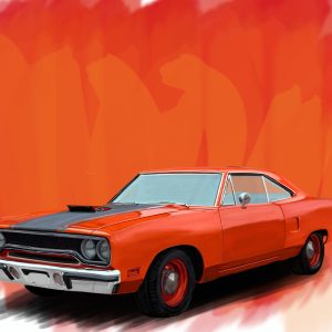 Orange 1970 Plymouth Road Runner muscle car with black hood stripe.