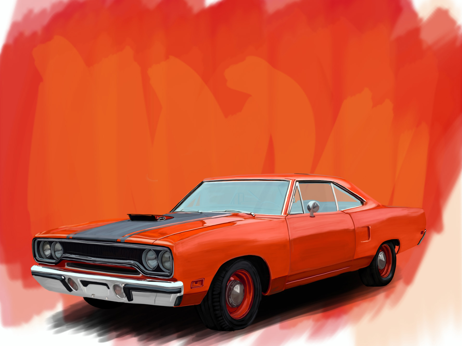 Orange 1970 Plymouth Road Runner muscle car with black hood stripe.