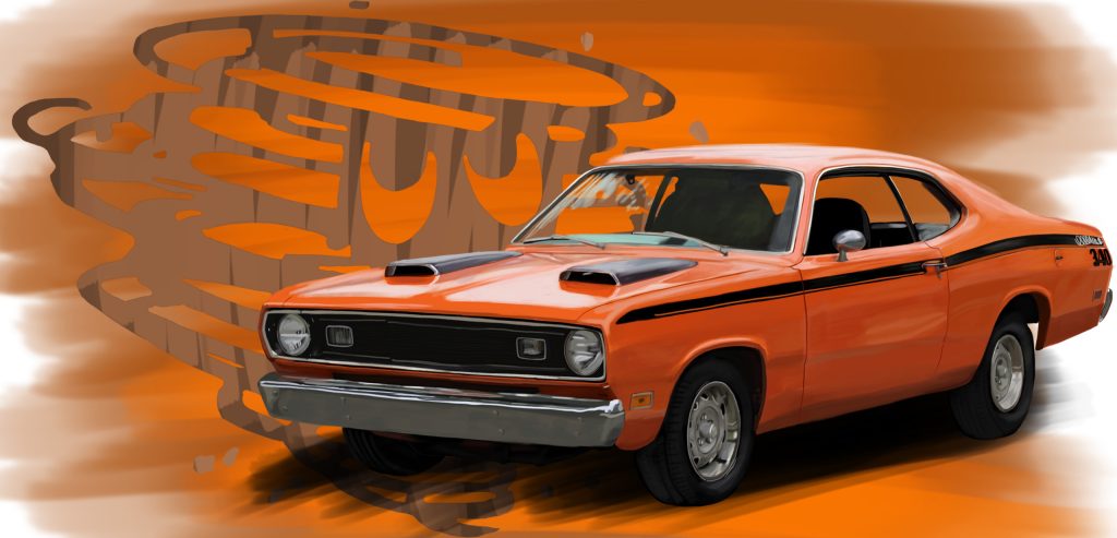 Orange 1971 Plymouth Duster 340 with black side stripe.