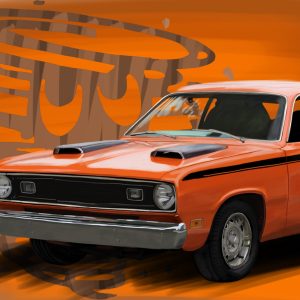 Orange 1971 Plymouth Duster 340 with black side stripe.