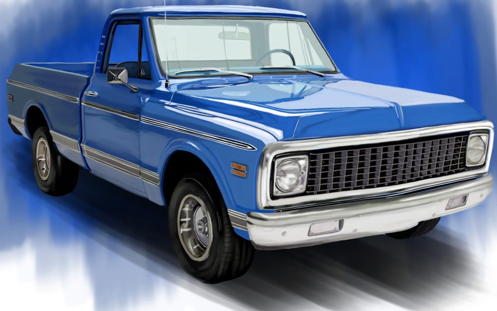 Blue classic Chevrolet C10 pickup truck art print.