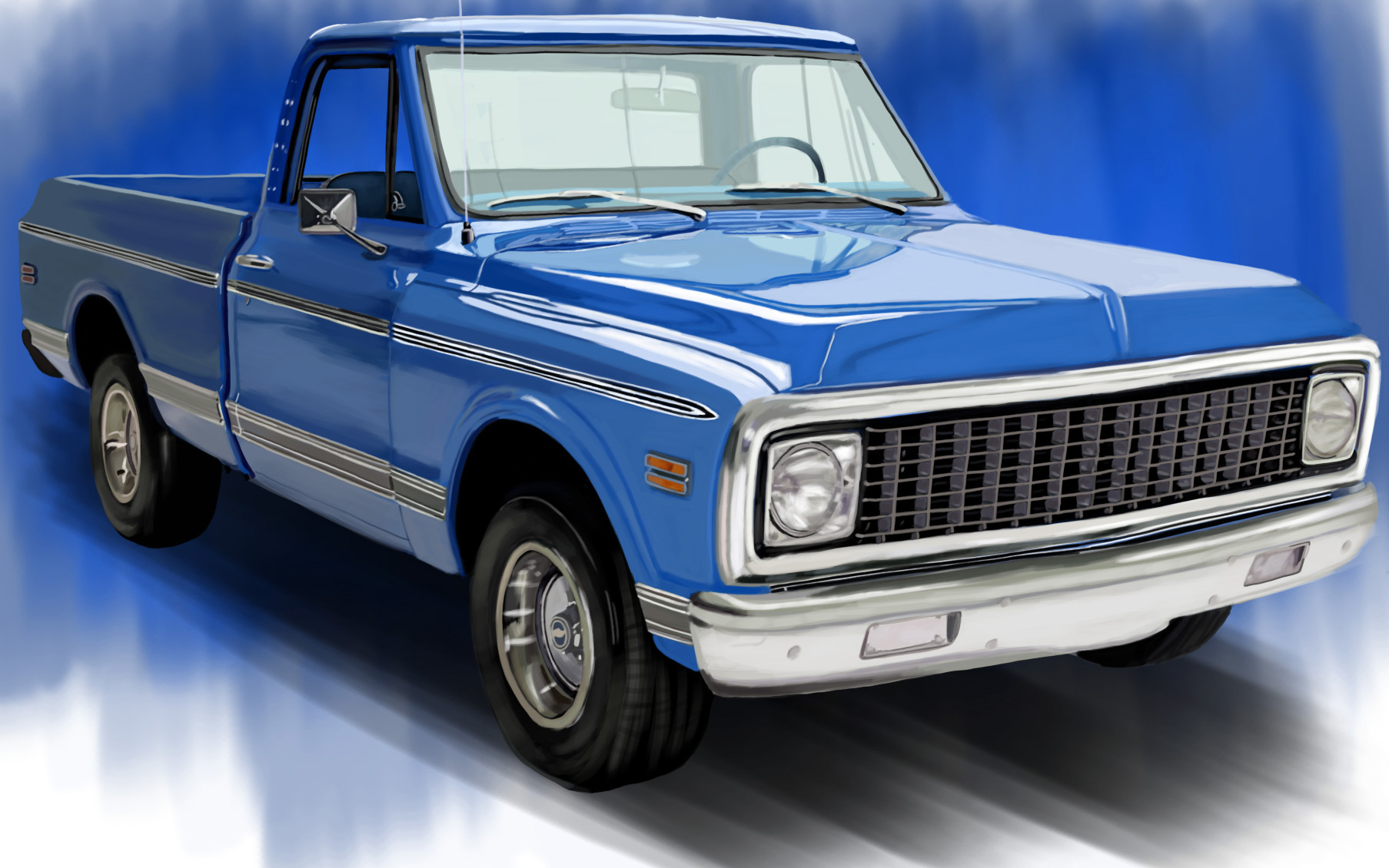 Blue classic Chevrolet C10 pickup truck art print.