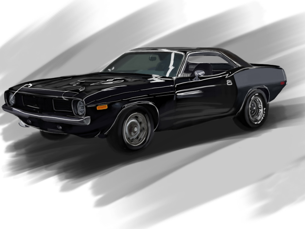 Black 1973 Plymouth Barracuda muscle car art print.
