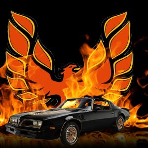 Black and gold 1977 Pontiac Firebird Trans Am in front of flames.