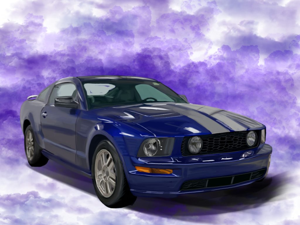 Blue 2005 Ford Mustang GT with silver stripes on a purple cloud background.