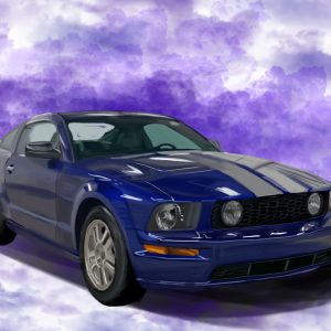 Blue 2005 Ford Mustang GT with silver stripes on a purple cloud background.