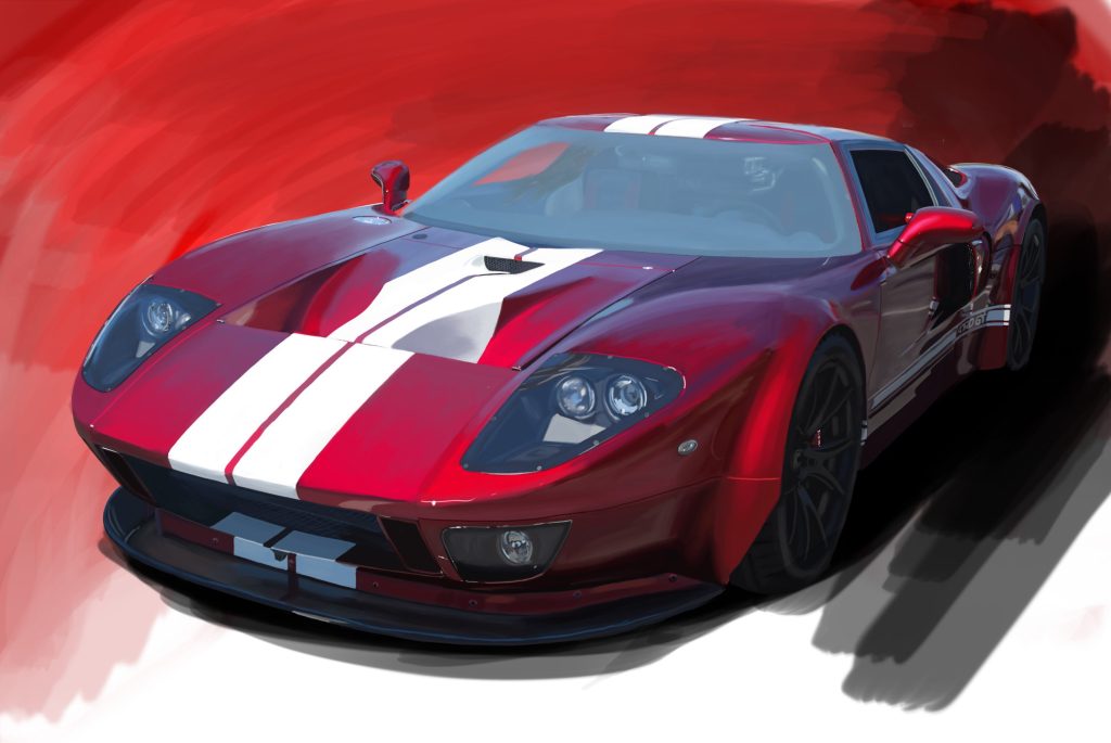 Red 2006 Ford GT supercar with white racing stripes.