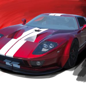 Red 2006 Ford GT supercar with white racing stripes.