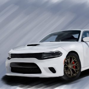 White 2015 Dodge Charger SRT Hellcat with bronze wheels.