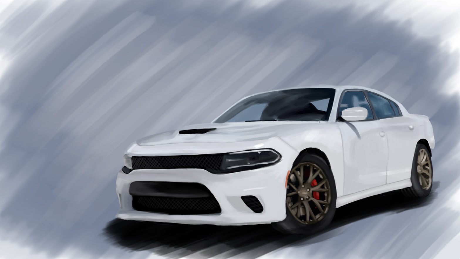 White 2015 Dodge Charger SRT Hellcat with bronze wheels.