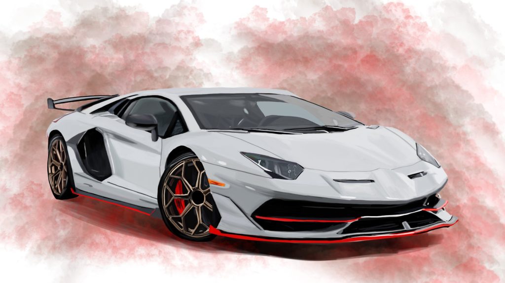 White Lamborghini Aventador SVJ with bronze wheels and red accents.