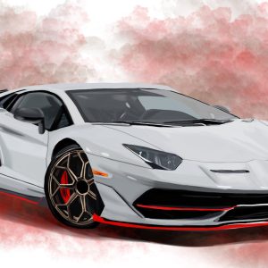 White Lamborghini Aventador SVJ with bronze wheels and red accents.