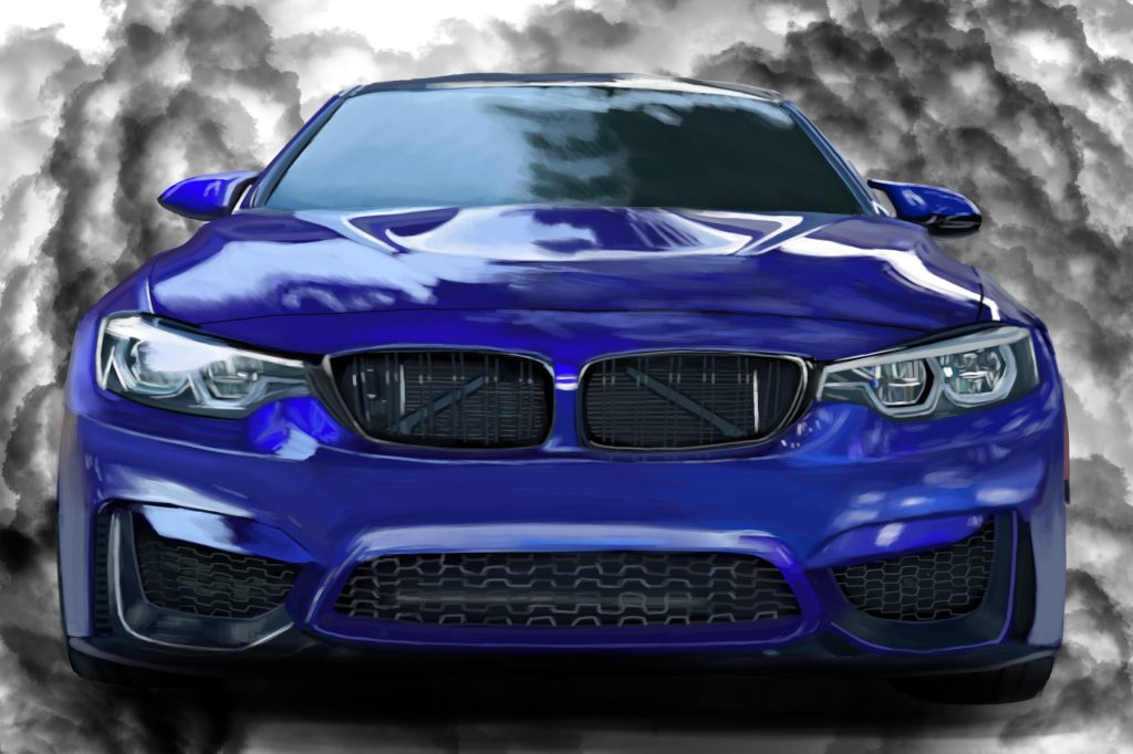 Blue BMW M4 front view on a gray smoke background.