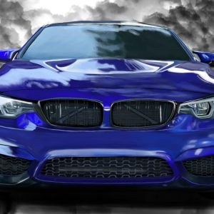 Blue BMW M4 front view on a gray smoke background.