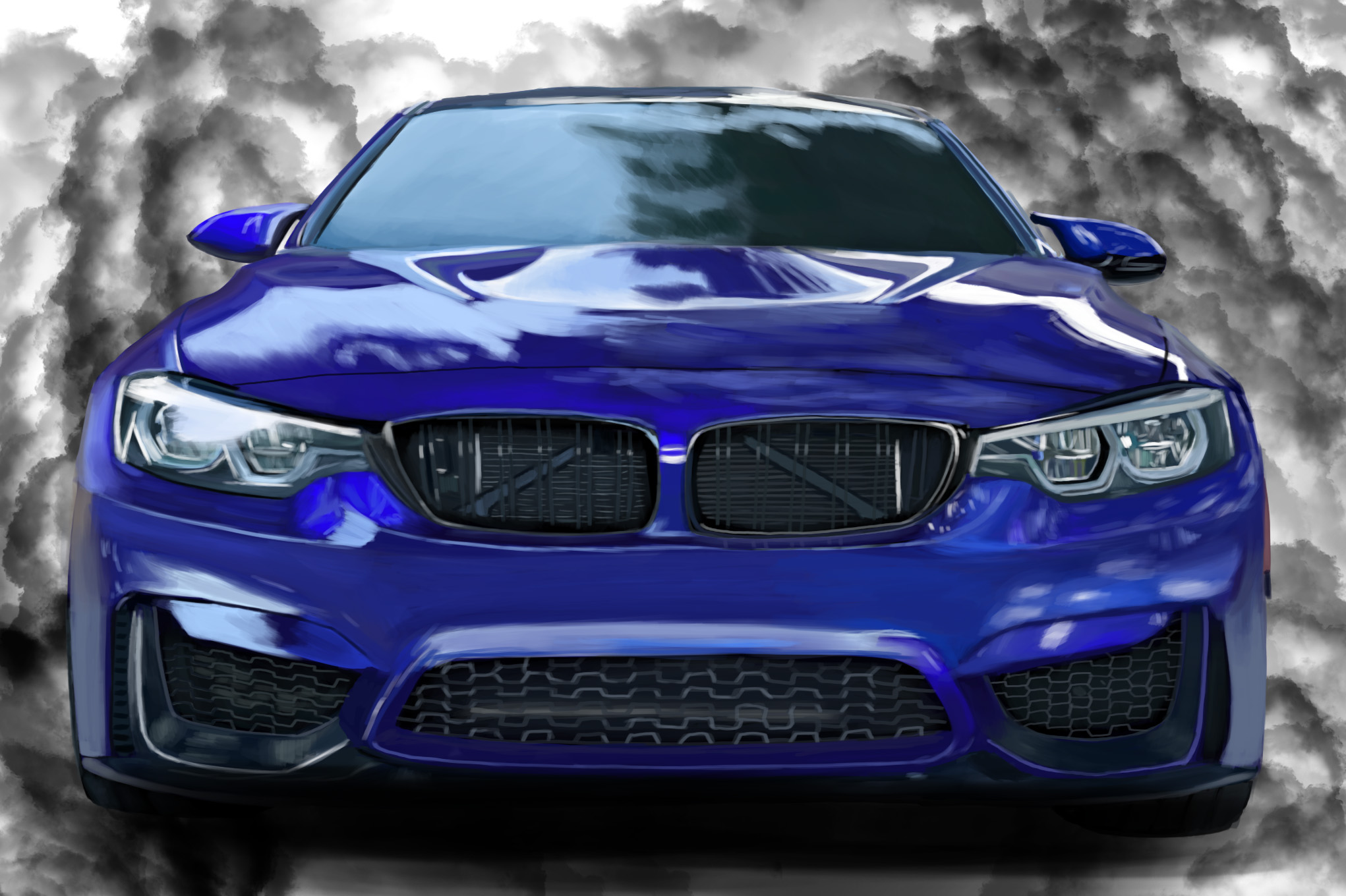 Blue BMW M4 front view on a gray smoke background.
