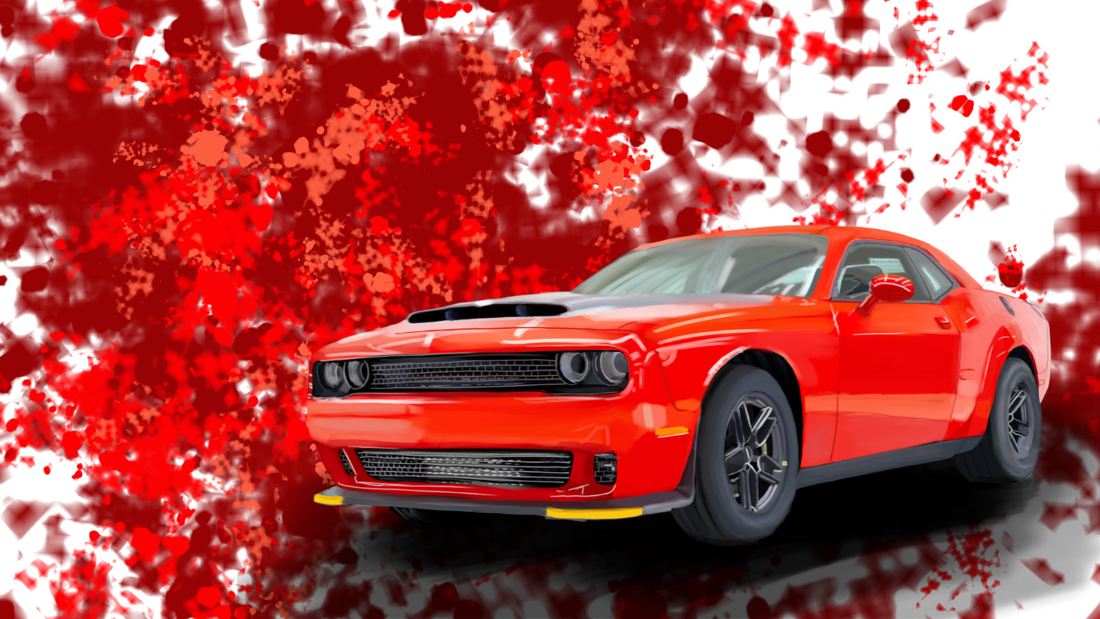 Red Dodge Challenger SRT Demon on a red and white splatter background.