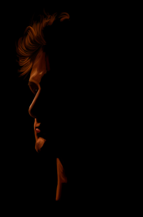 Portrait of a man in profile lit in warm red-orange tones against black.
