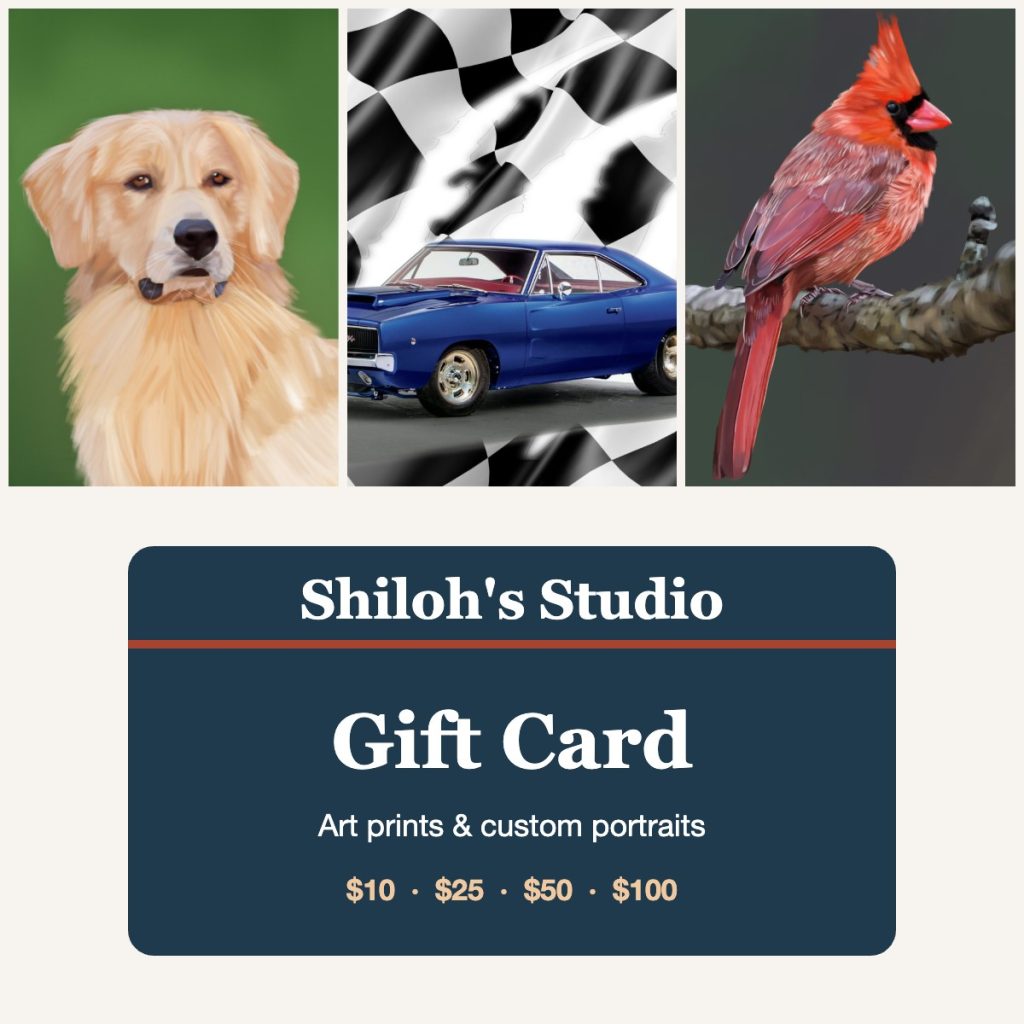 Shiloh's Studio gift card for art prints and custom portraits