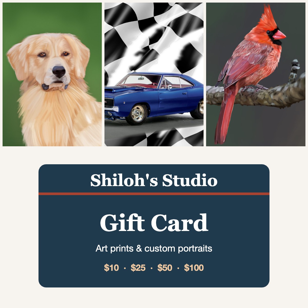 Shiloh's Studio gift card for art prints and custom portraits